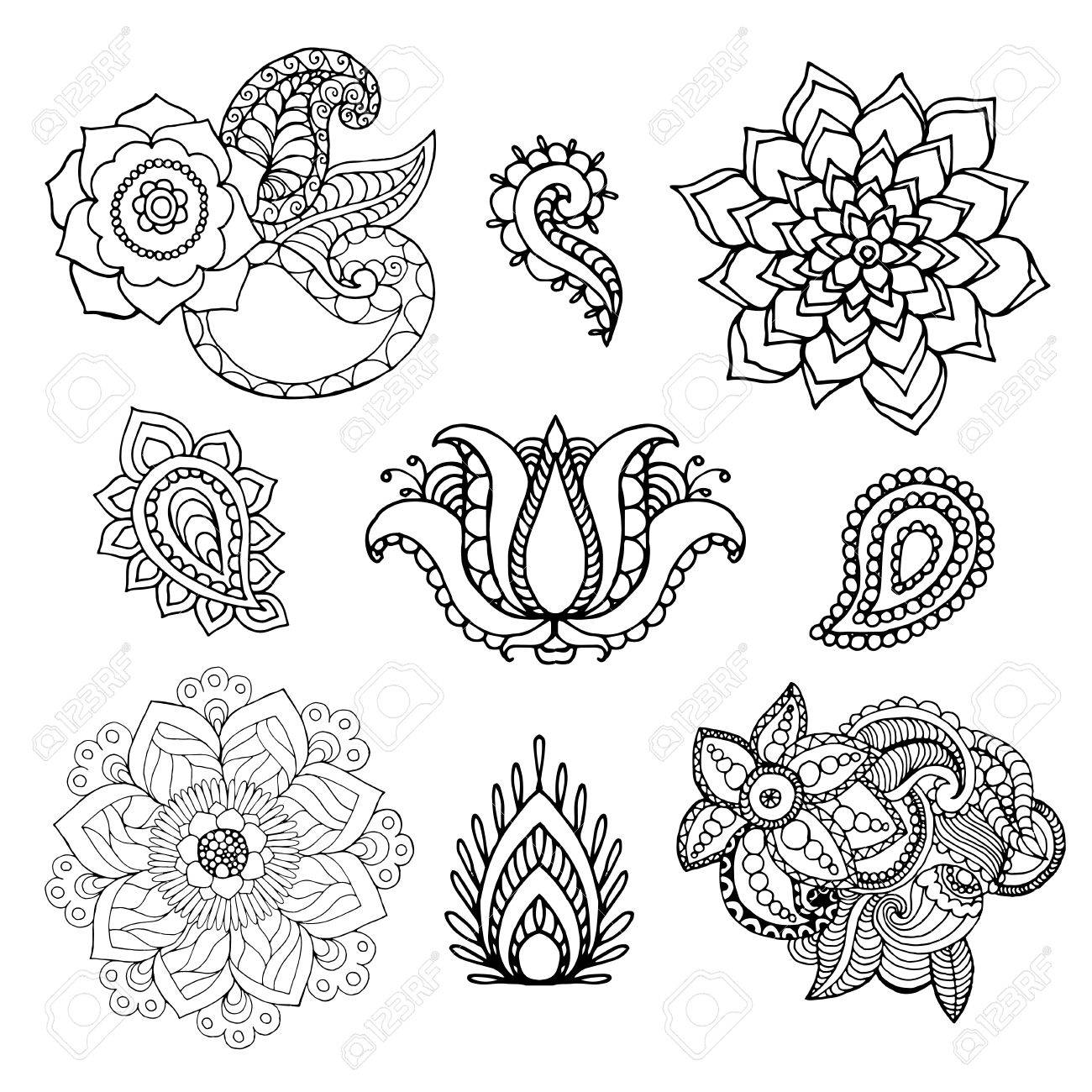 1300x1300 Henna Doodle Vector Elements. Ethnic Floral Zentangle Black White