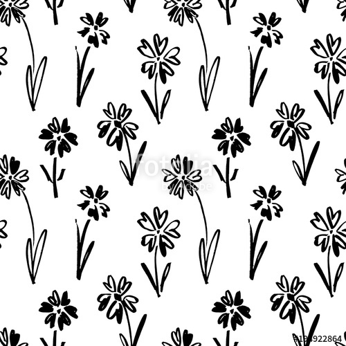 500x500 Vector Seamless Pattern Of Ink Drawing Wild Plants, Herbs