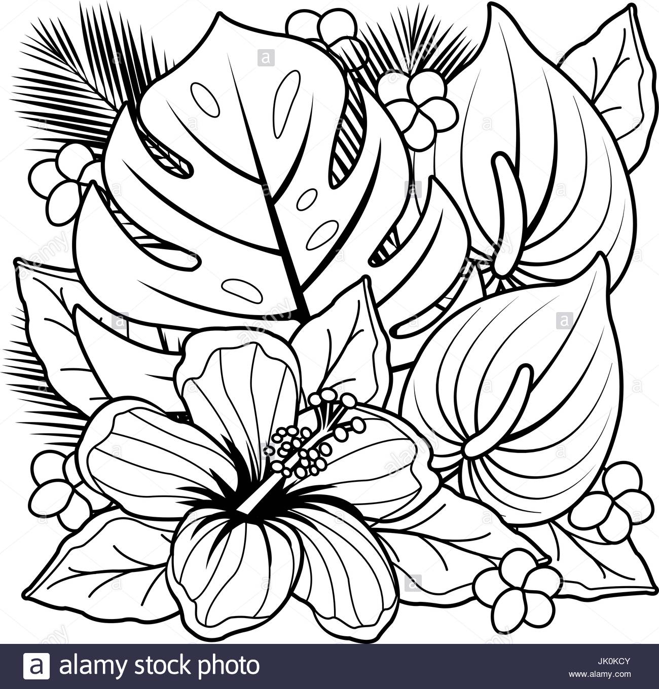 1300x1360 Tropical Plants And Hibiscus Flowers. Black And White Coloring