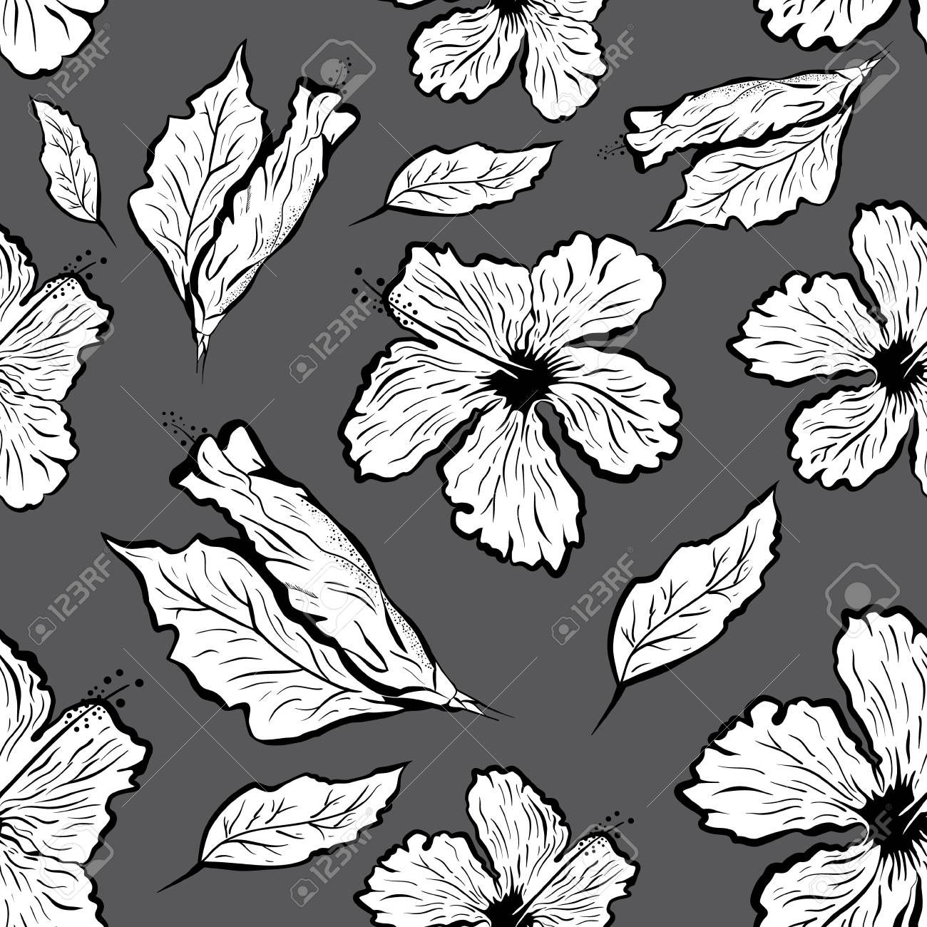 1300x1300 Seamless Pattern Of Hibiscus Flower In Tattoo Style. Black