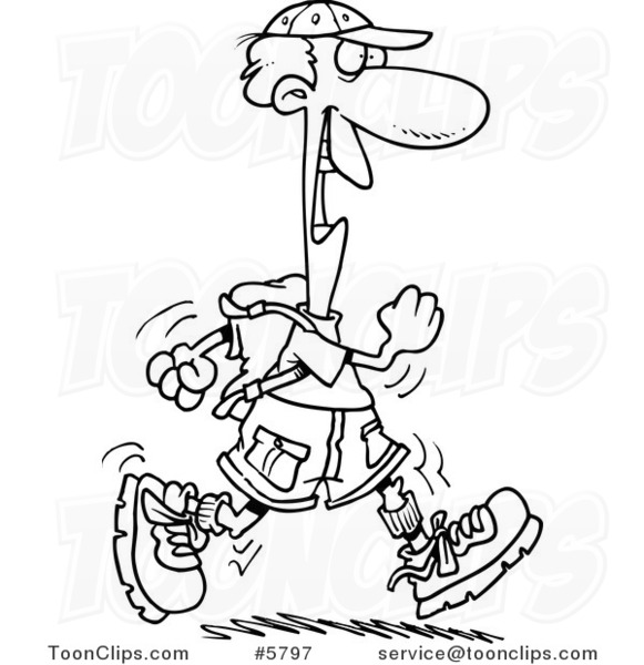 581x600 Cartoon Black And White Line Drawing Of A Happy Hiker
