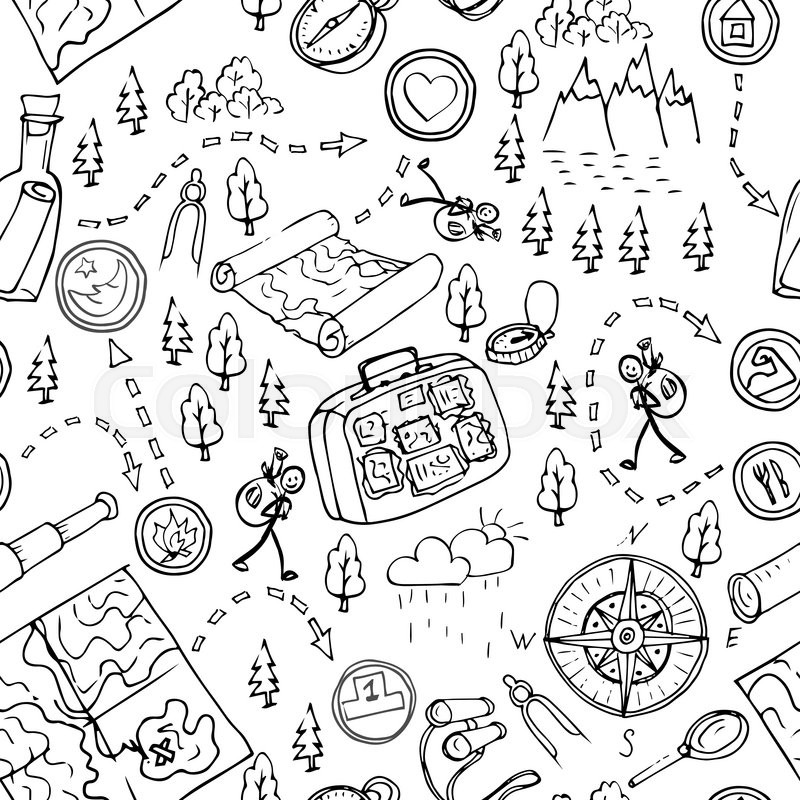 800x800 Hand Drawn Seamless Pattern, Maps, Picnic, Travel, Hiking