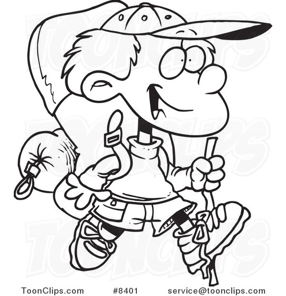 581x600 Cartoon Black And White Line Drawing Of A Hiking Boy With Camping