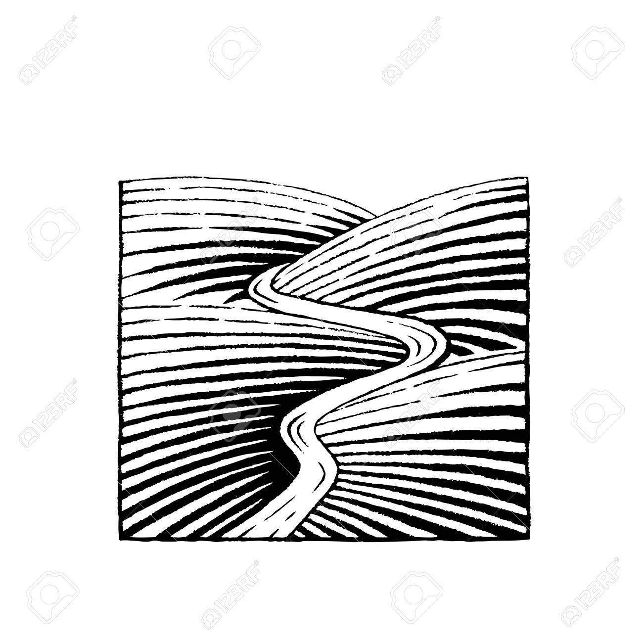 1300x1296 Vector Illustration Of A Scratchboard Style Ink Drawing Of Hills