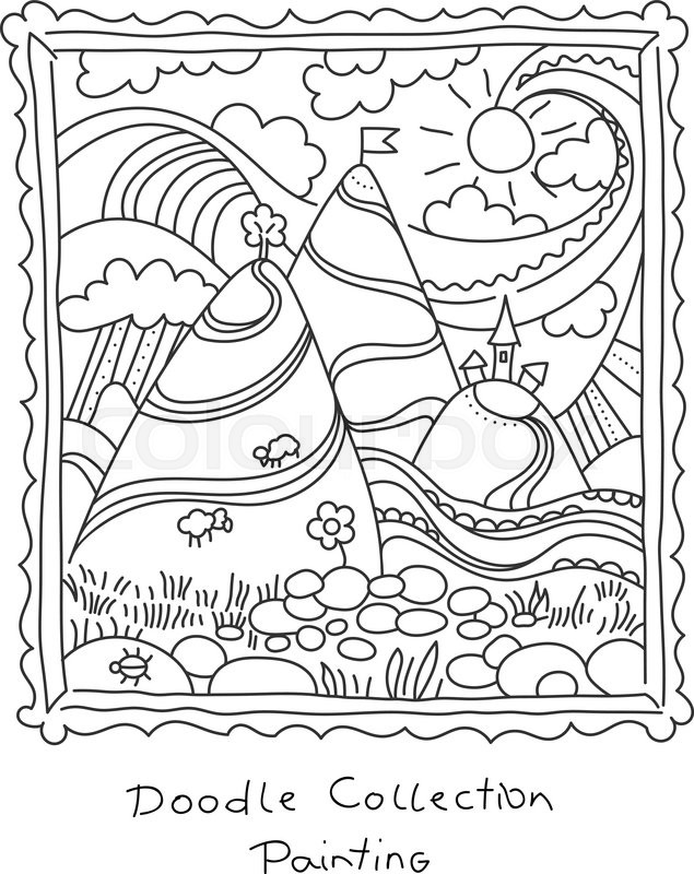 635x800 Doodle Drawing Of Painting In Frame. Landscape With Hills