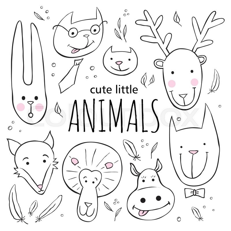 800x800 Set Of Cute Animal Faces. Vector Sketch Style Doodle Illustration