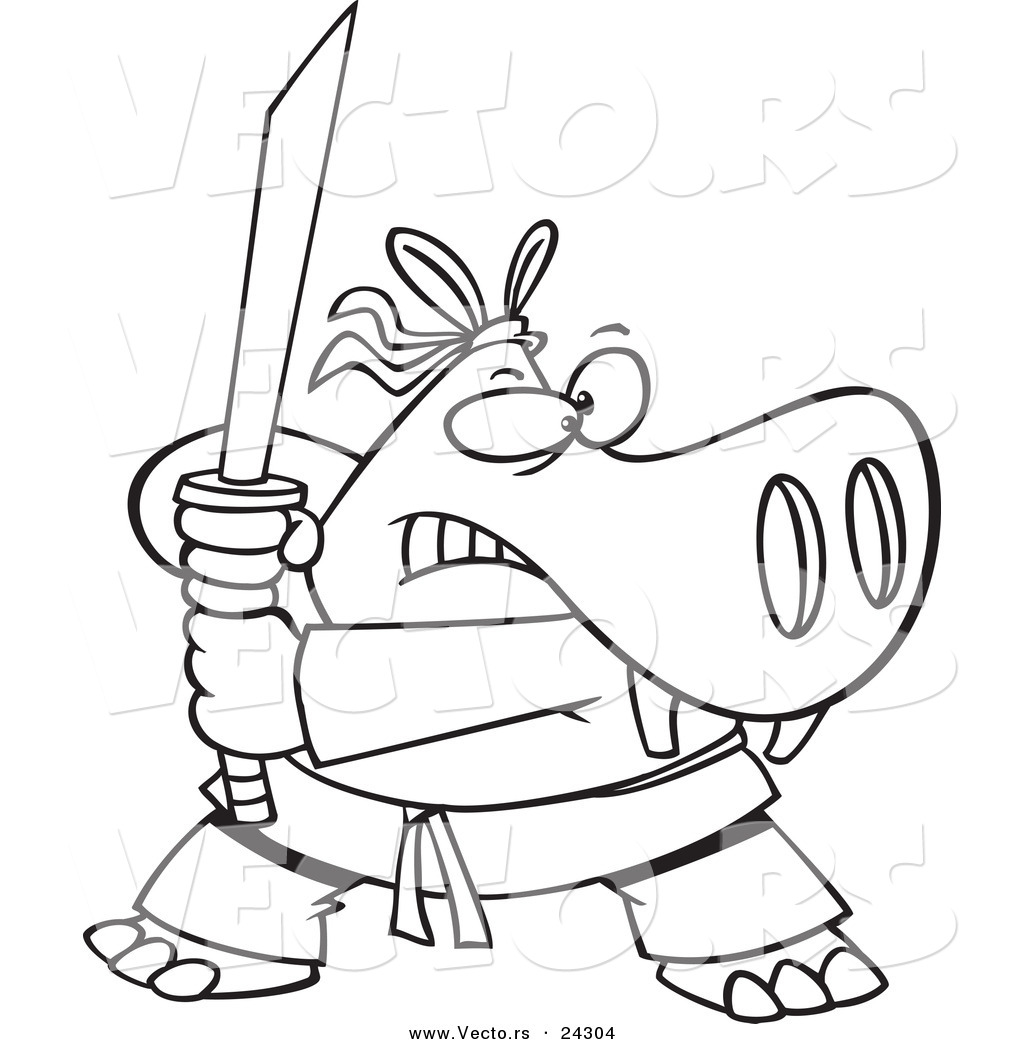 1024x1044 Vector Of A Cartoon Hippo Ninja Black And White Outline