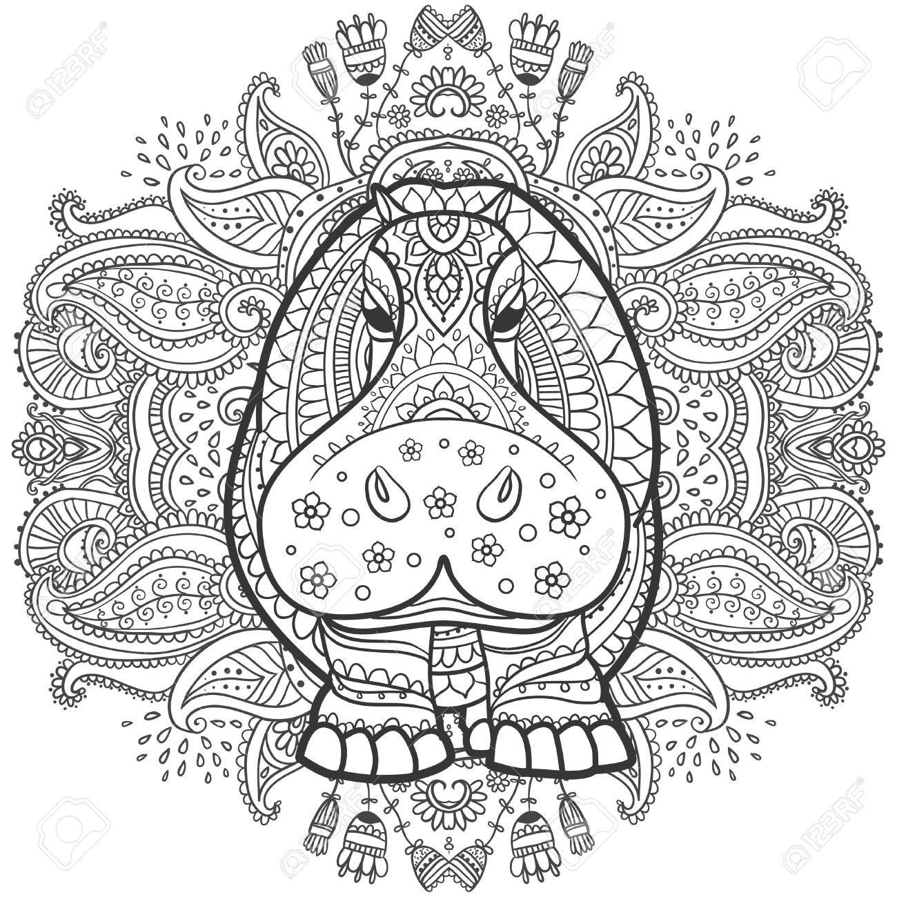1300x1300 Ornament Hippo Vector. Beautiful Illustration Hippopotamus
