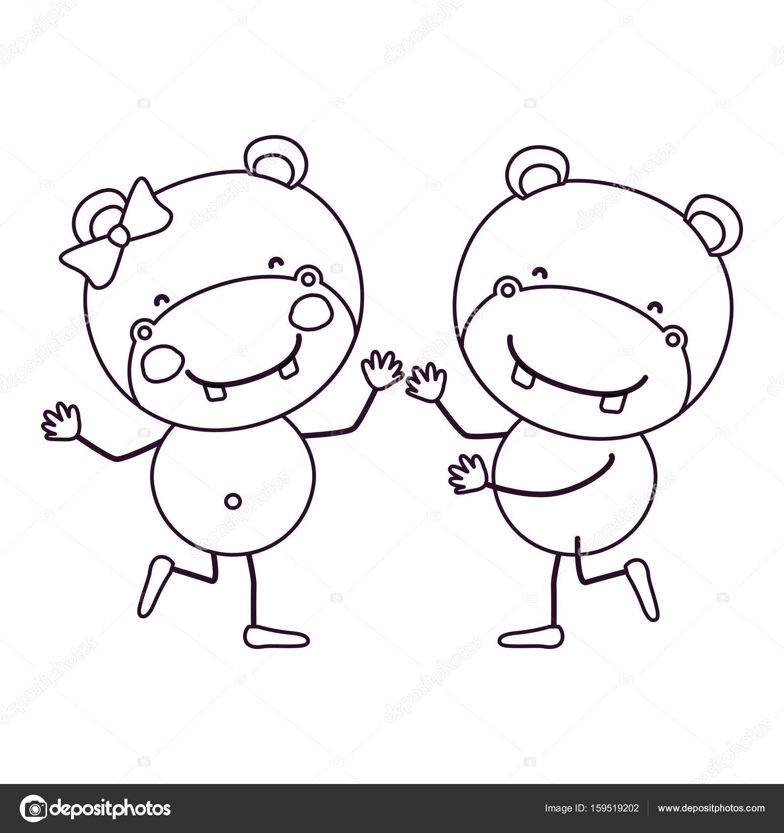 1600x1700 Sketch Contour Caricature With Couple Of Hippos Dancing Stock