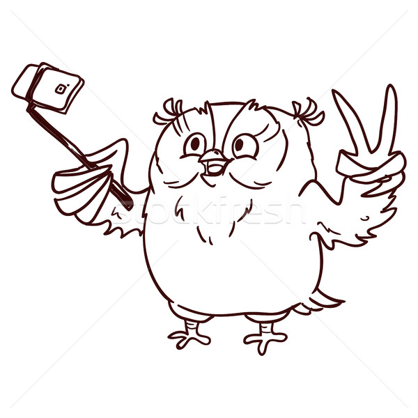 600x600 Owl Hipster With Glasses Makes Selfie On Phone. Line Draw Vector