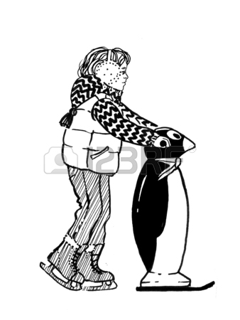 338x450 Sketch Of Child With A Penguinon To Hold On To A Ice Rink. Hand