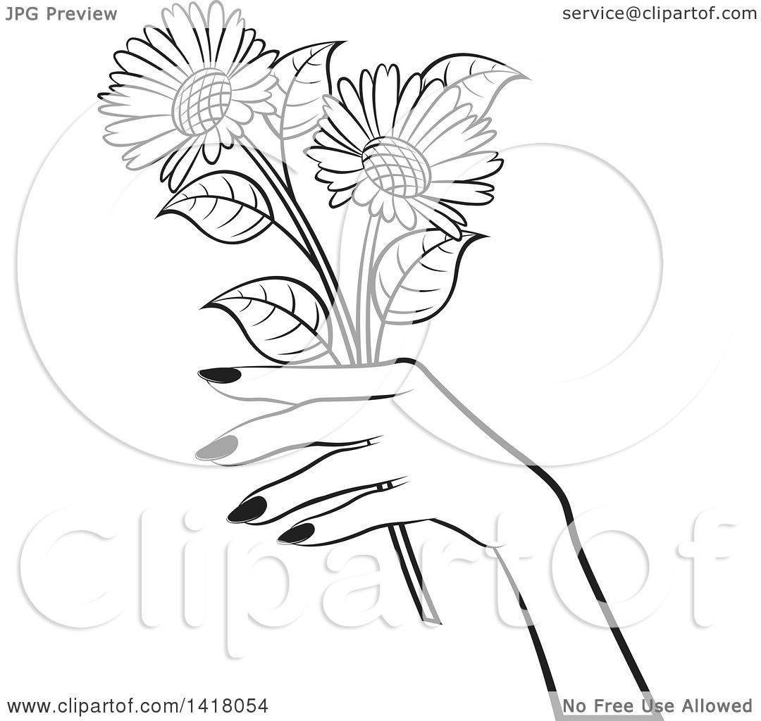 1080x1024 Clipart Of A Black And White Womans Hand Holding Flowers