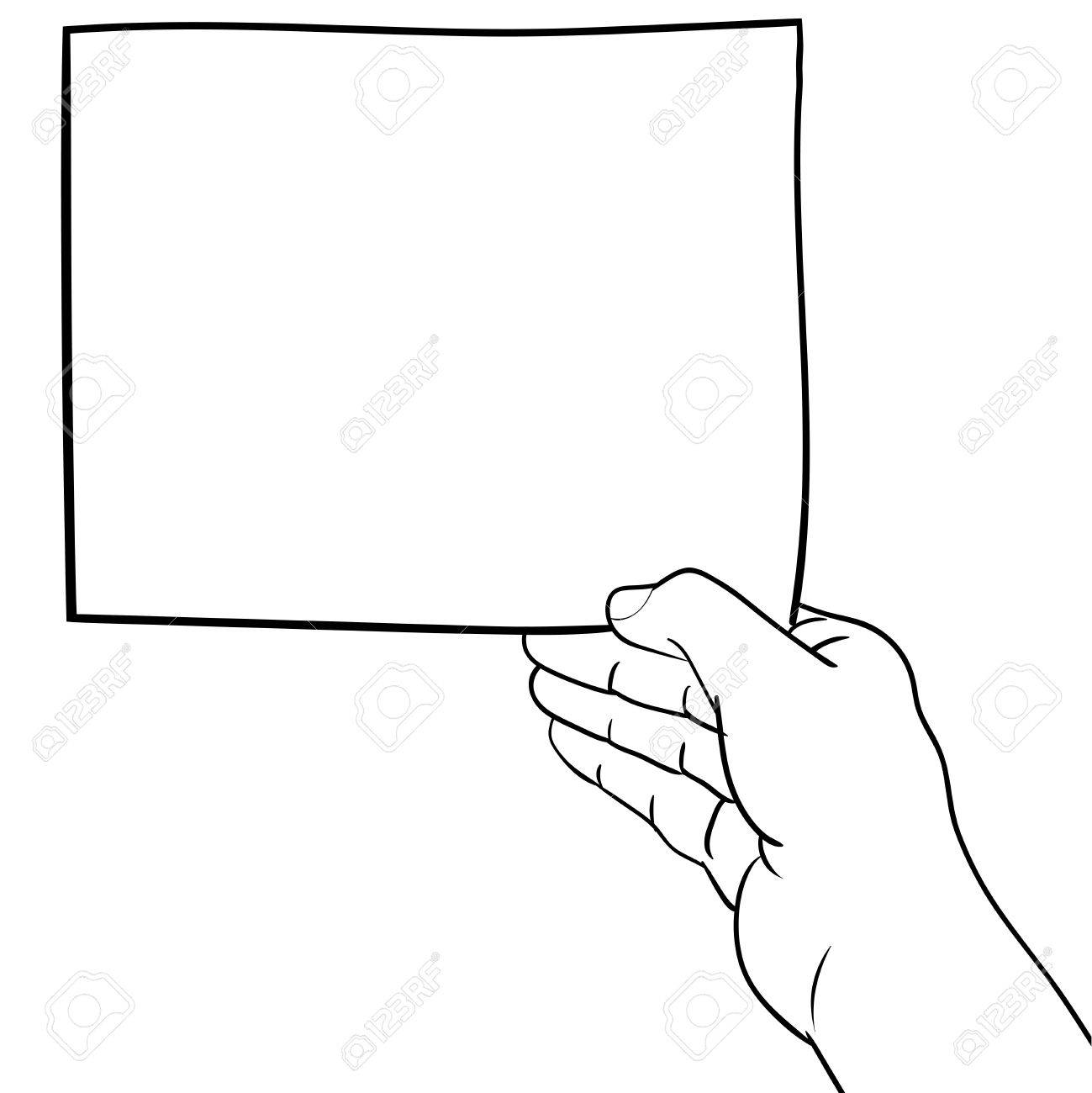1299x1300 Hand Drawn Sketch Of Hand Holding Blank Paper, Black And White