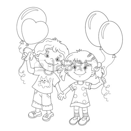 450x450 Coloring Page Outline Of Cartoon Girls Holding Hands With Balloons