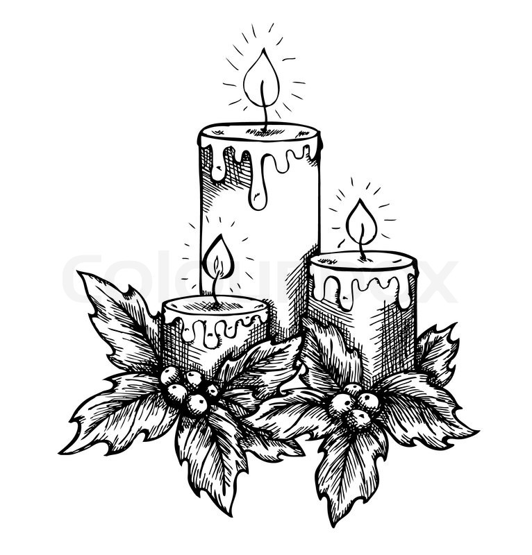 766x800 Graphic Drawing Candles And Holly Berries And Leaves. Sketch