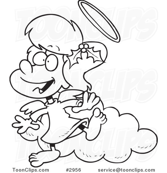 581x600 Cartoon Black And White Line Drawing Of An Angel Girl With Holly