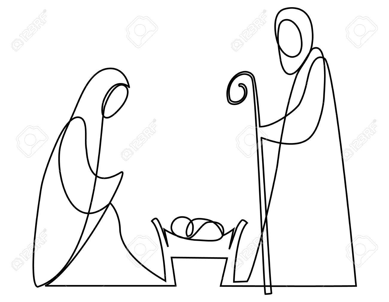 1300x1011 Nativity Scene With Holy Family One Line Drawing Royalty Free