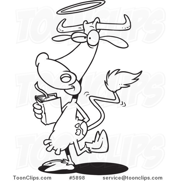 581x600 Cartoon Black White Line Drawing Of A Holy Cow With A Halo