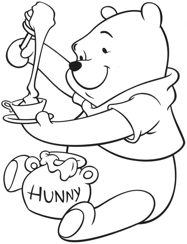 600x783 Honey, Winnie The Pooh Enjoying Tea With Honey Coloring Page