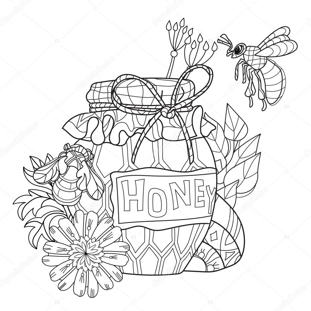 1024x1024 Honey Pot Doodle And Bees Stock Vector Yazzik