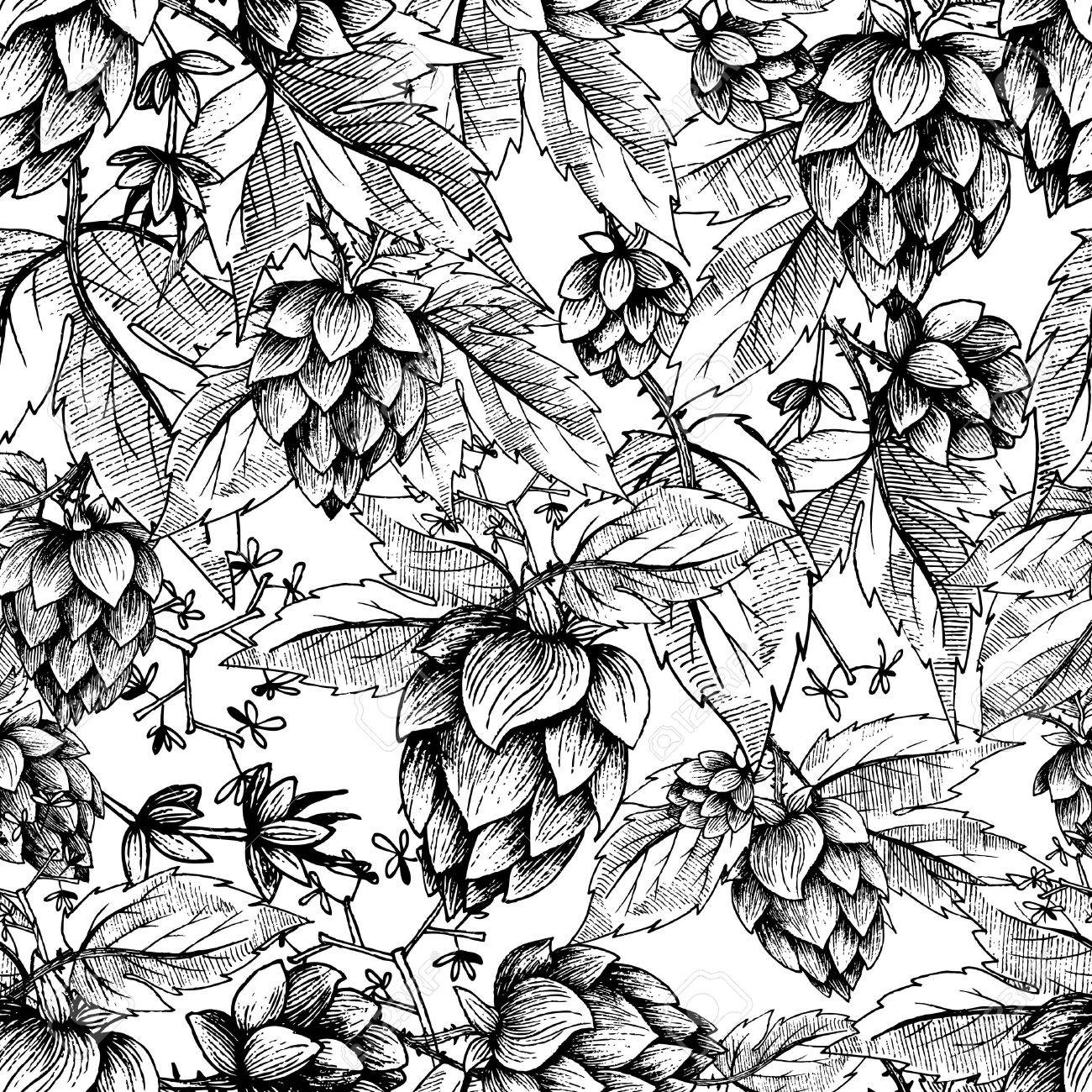 1300x1300 Beer Hops Seamless Pattern Of Hand Drawn Hops Cones And Hops