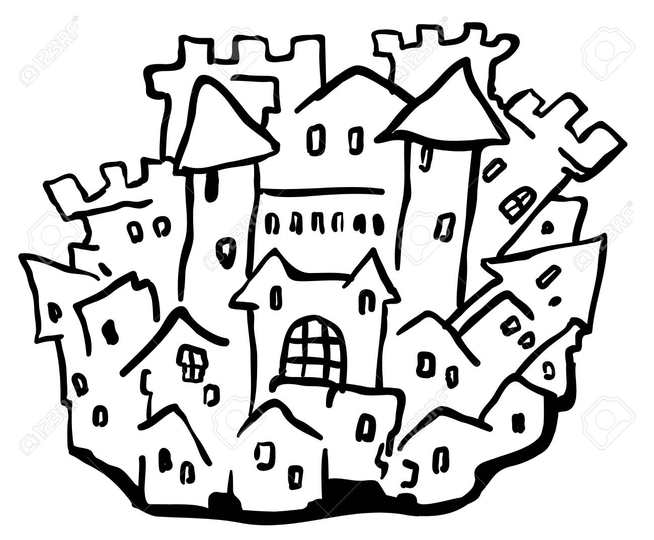 1300x1074 Small Castle Town Cartoon Line Drawing, Horizontal, Vector
