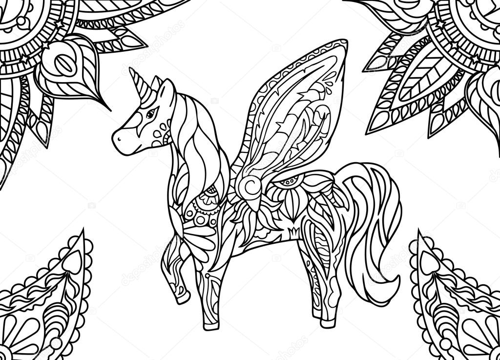 1024x737 Unicorn With Mandala And Paisley Ornament. Horizontal Adult
