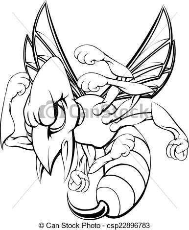 386x470 Hornet Wasp Mascot Character. A Black And White Illustration