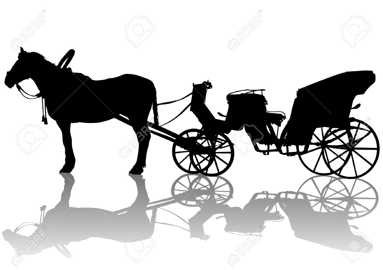 1300x918 Drawing Carriage And Horses. Silhouette On White Background