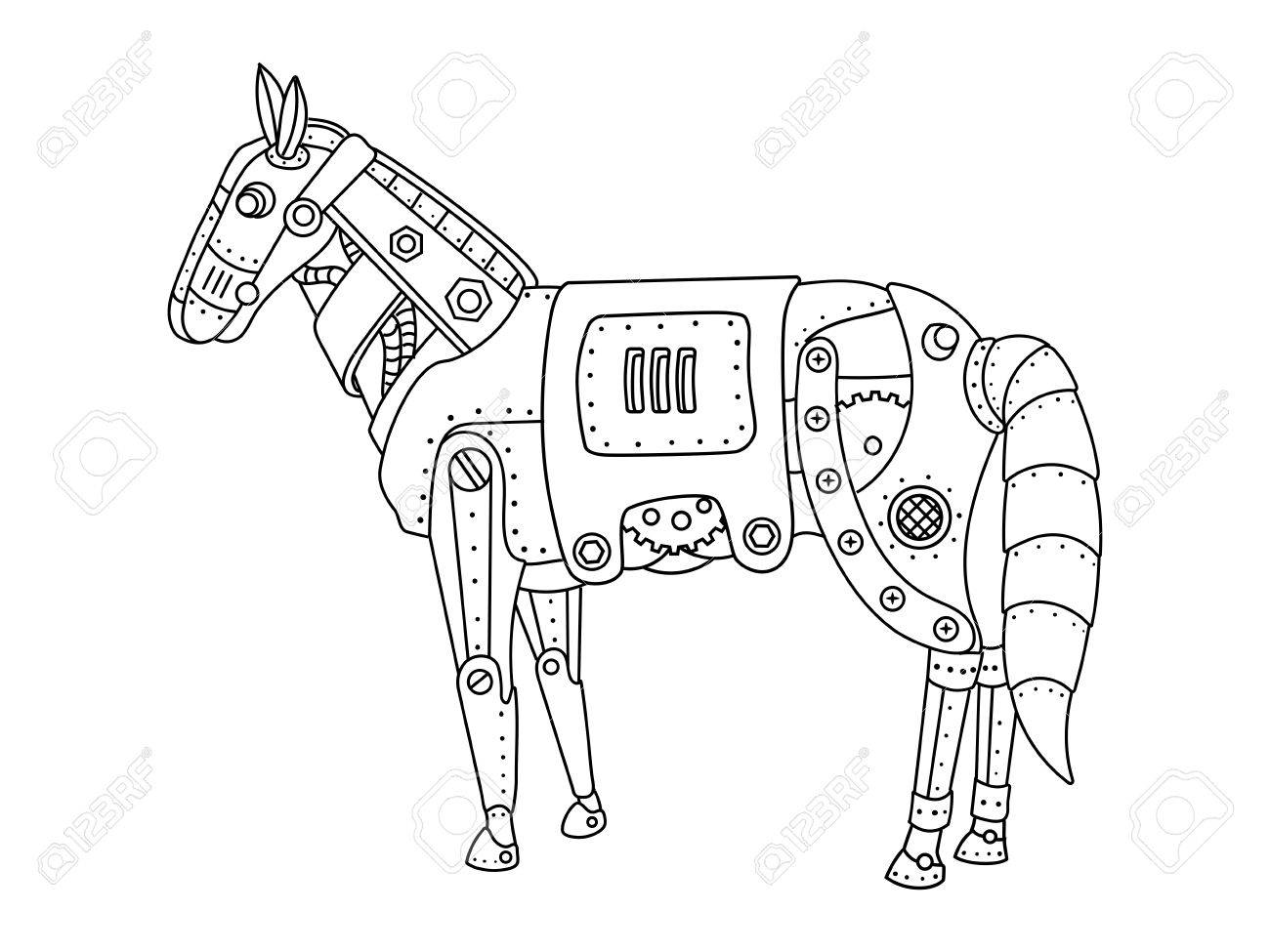 1300x975 Steam Punk Style Horse. Mechanical Animal. Coloring Book Vector