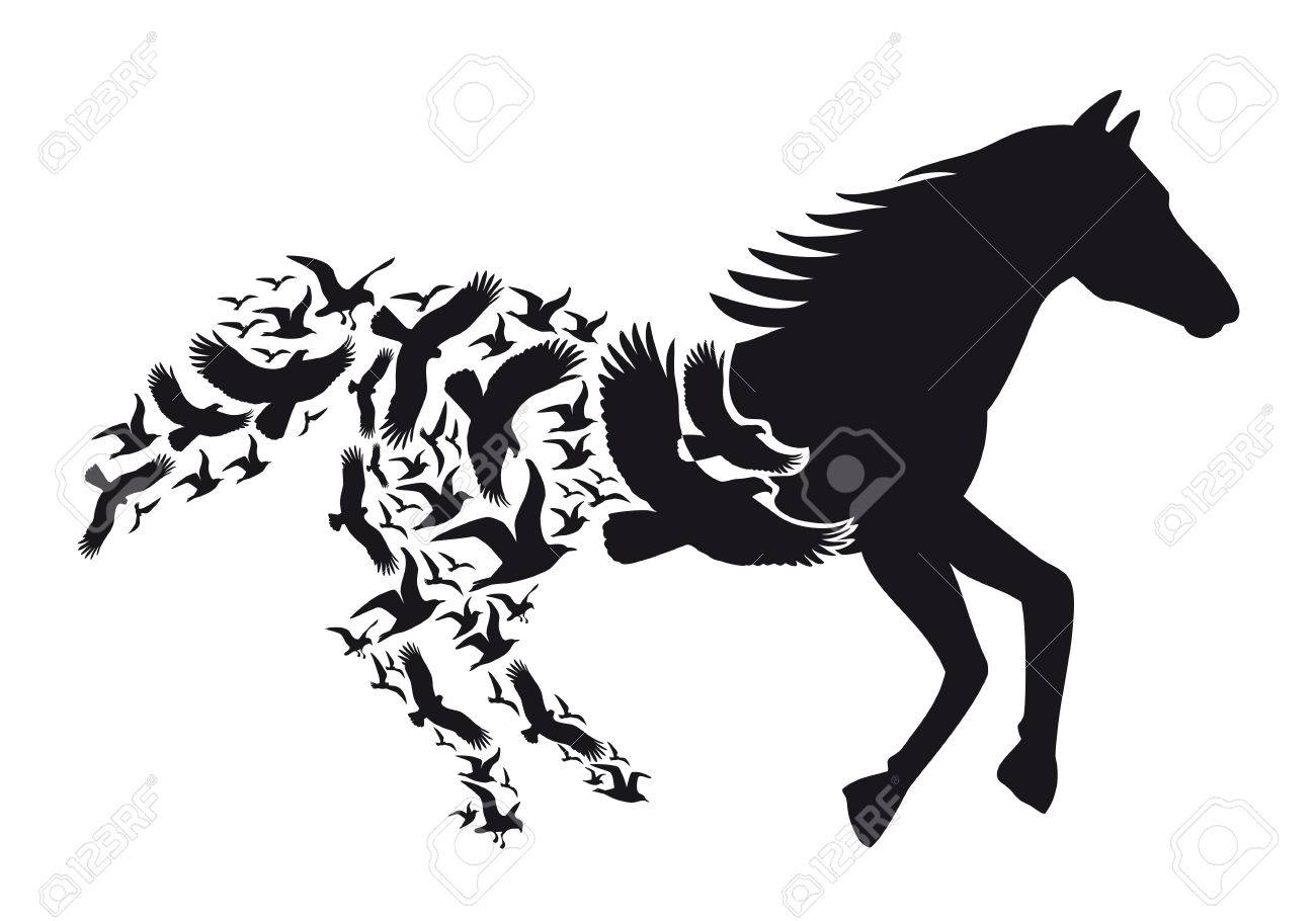 1300x910 Black Horse Silhouette With Flying Birds, Illustration Royalty