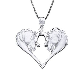 350x350 Sterling Silver Horse Heads Heart Necklace