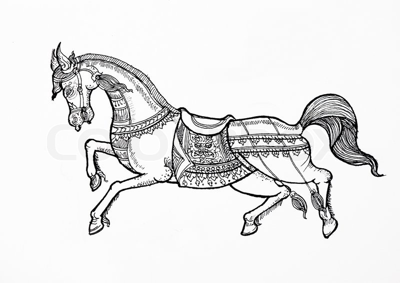 800x565 Traditional Thai Art,drawing Of Hose Pen On Paper Stock Photo