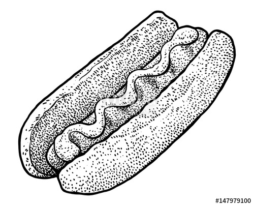500x405 Hot Dog Illustration, Drawing, Engraving, Ink, Line Art, Vector