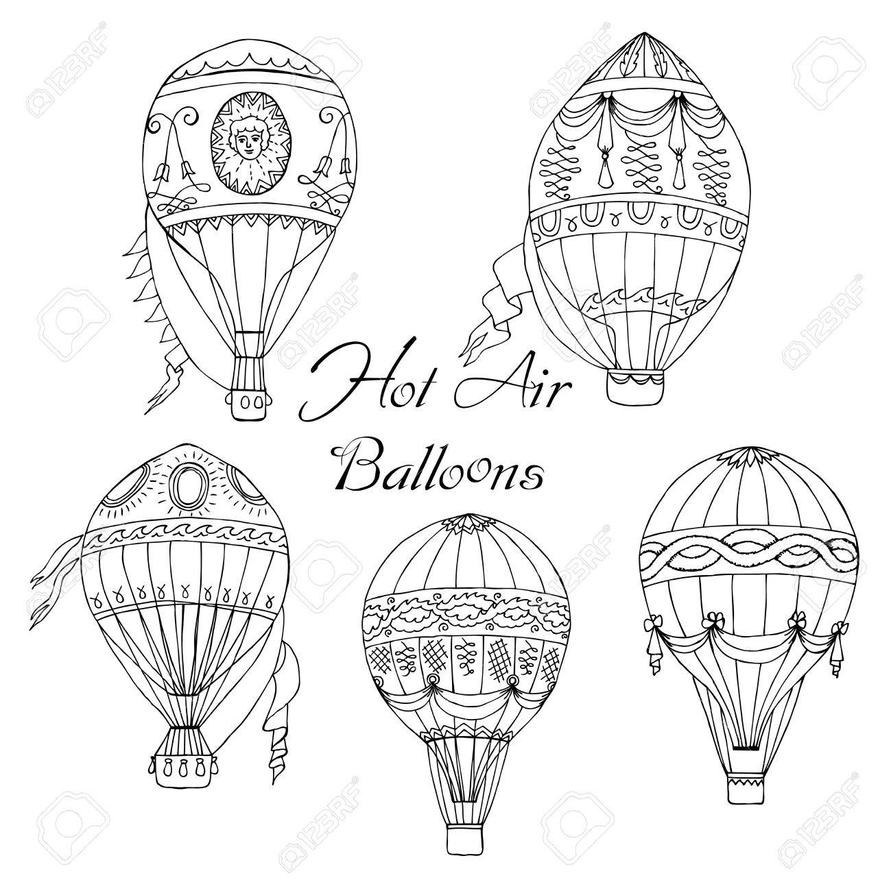 1299x1300 Background With Hot Air Balloons. Hand Drawn Sketches Vector