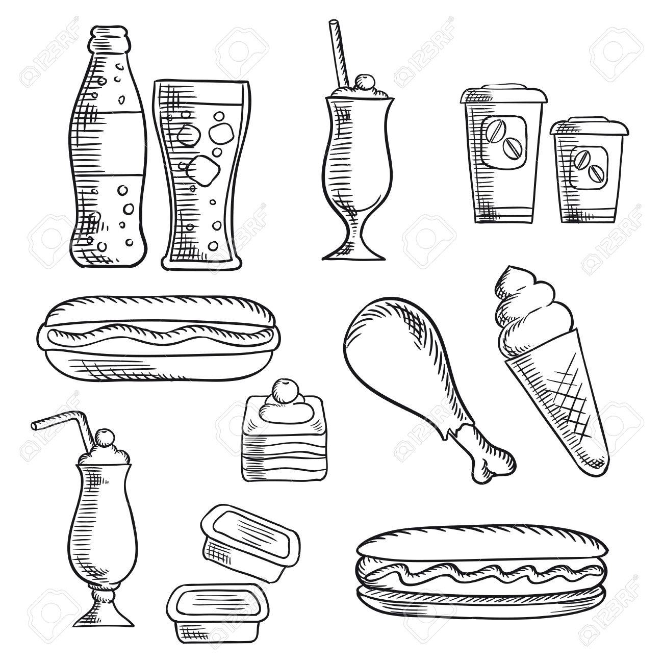 1300x1300 Fast Food Isolated Sketch Icons Of Hot Dogs, Soda, Chicken Leg