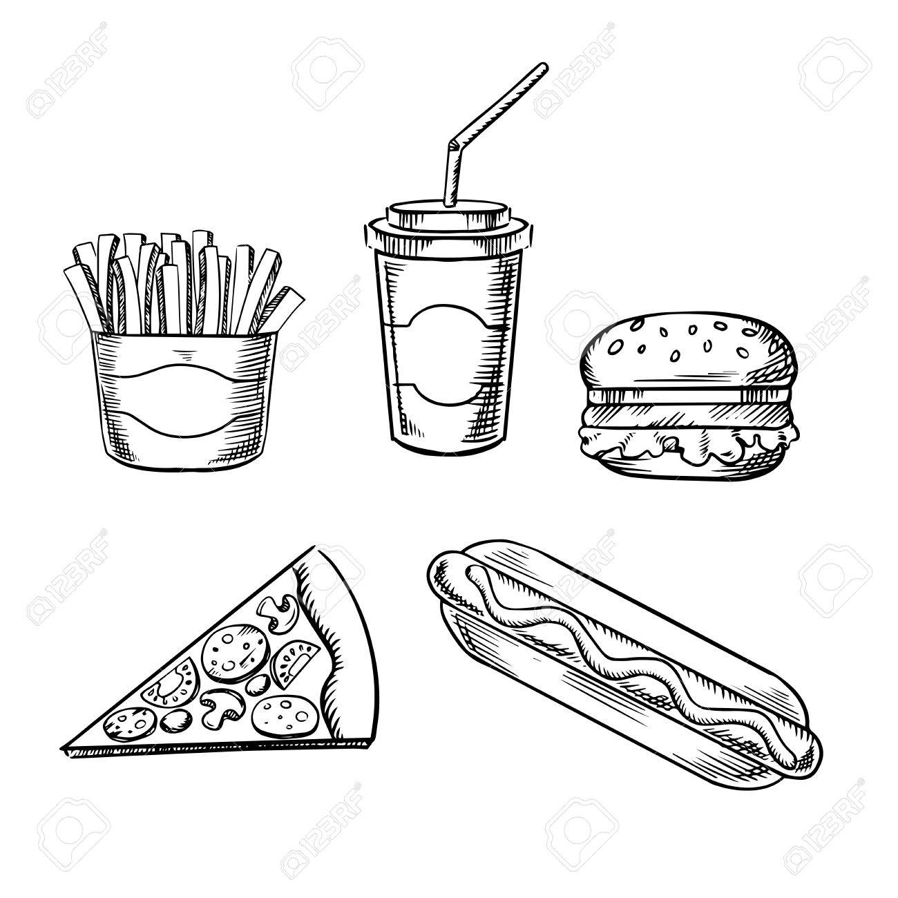 1300x1300 Fast Food Sketches With Hamburger, Slice Of Pizza, French Fries