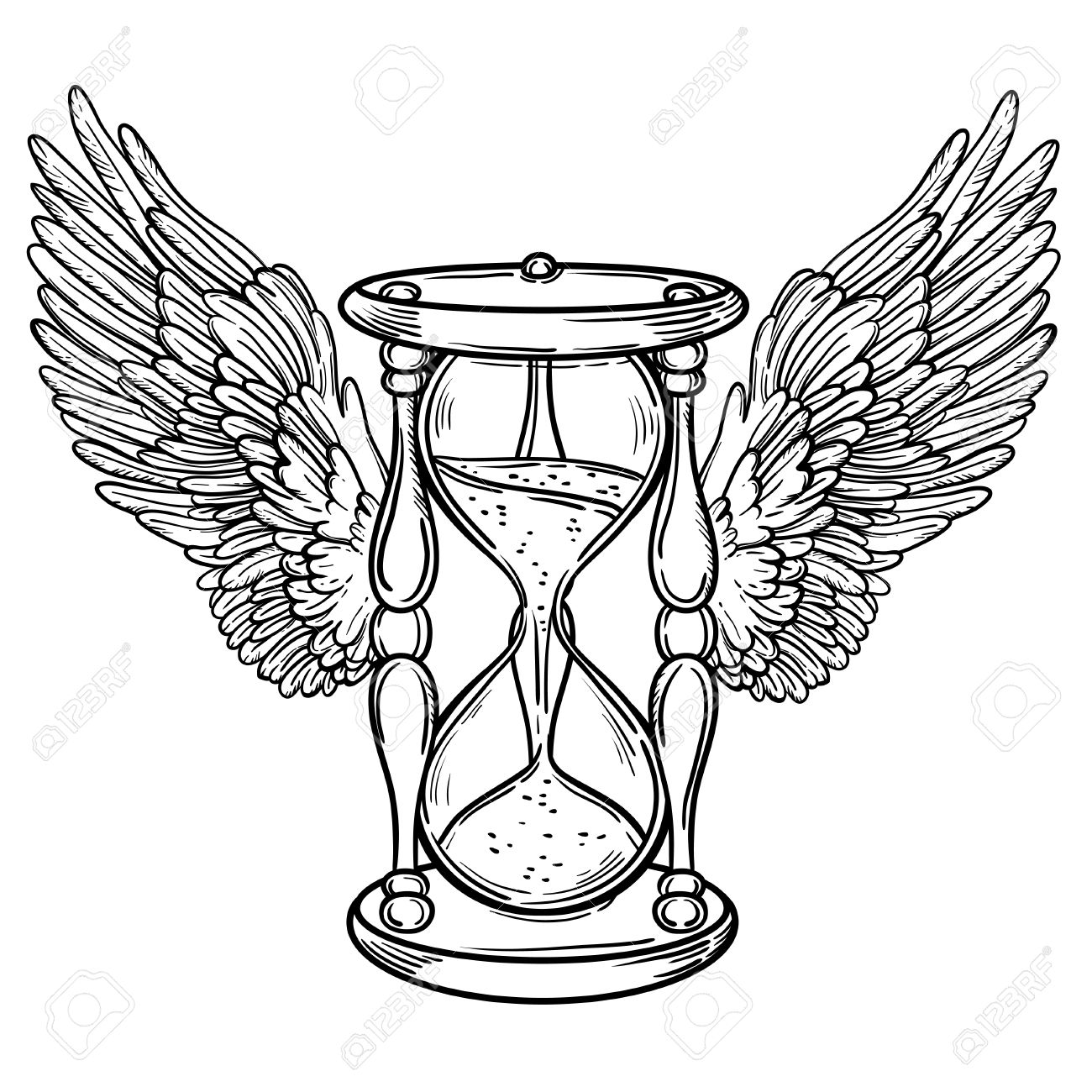1300x1300 Decorative Antique Hourglass Illustration With Wings. Hand Drawn