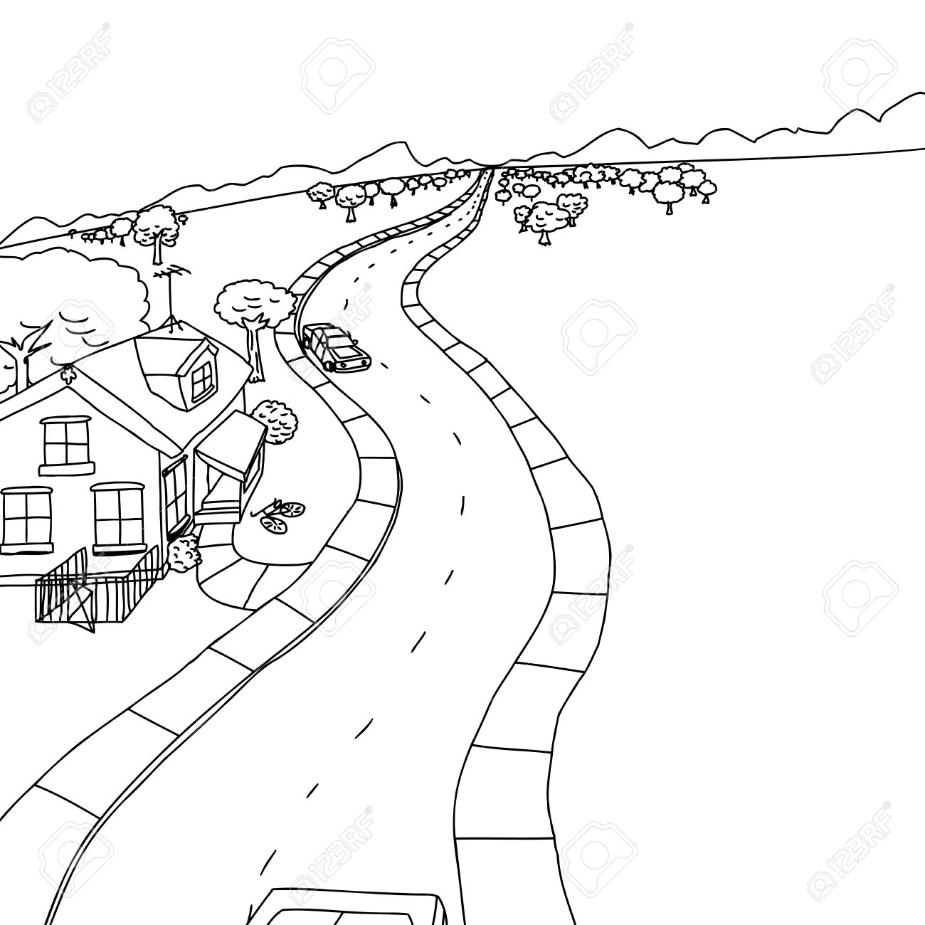 1300x1300 Outline Drawing Of House With Trees Along Road Royalty Free