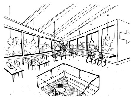 450x338 Monochrome Drawing Of Interior Of Open Co Working Space