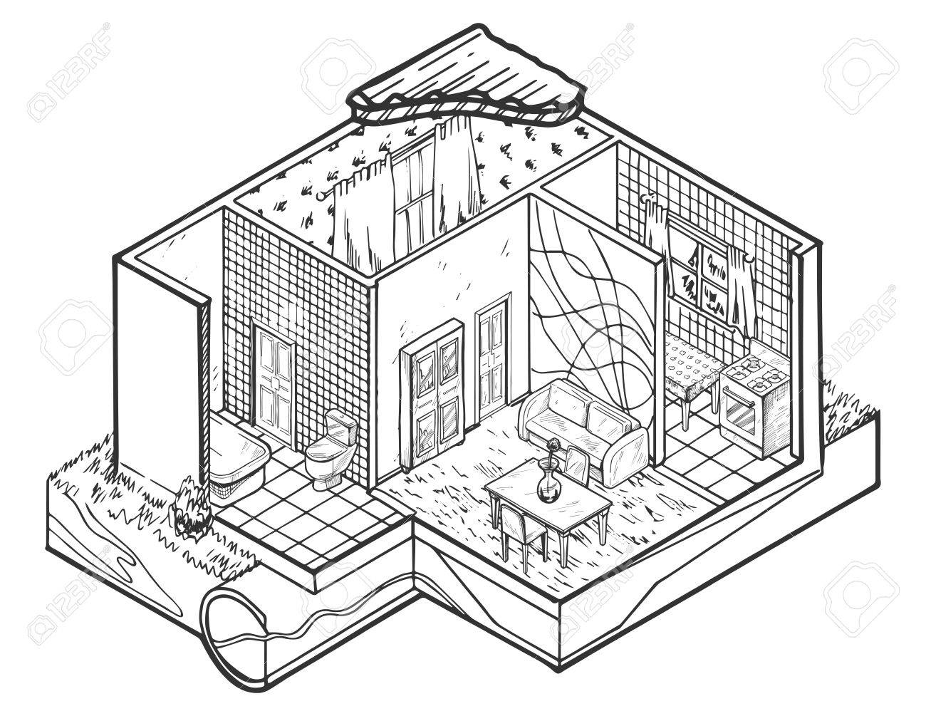 1300x1005 Vector Illustration Of House Interior Hand Drawn Architecture