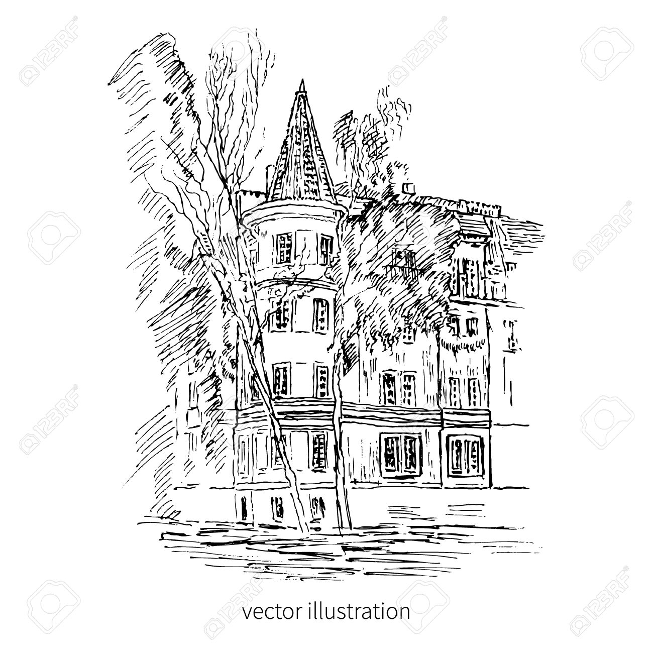 1300x1300 Vintage Tile Old European House, Vector Graphic Illustration