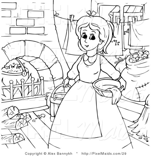 600x620 Clipart Of A Coloring Page Outline Of Cinderella Doing Chores