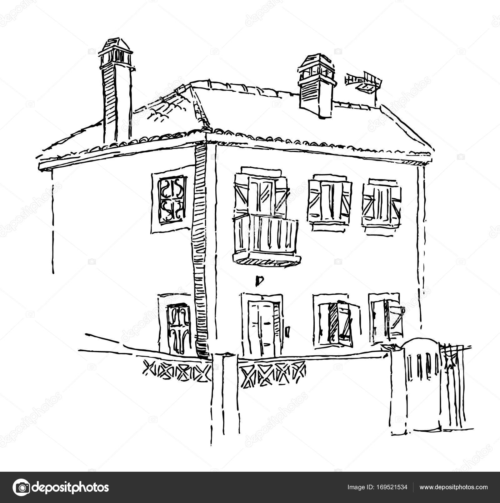 1600x1608 Sketch Of Old House On The Street Stock Vector Nasstep
