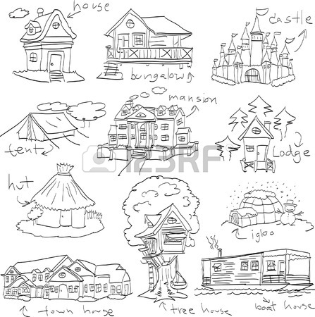 447x450 Old Town. Cartoon Hand Drawing Houses. Vector Illustration Royalty