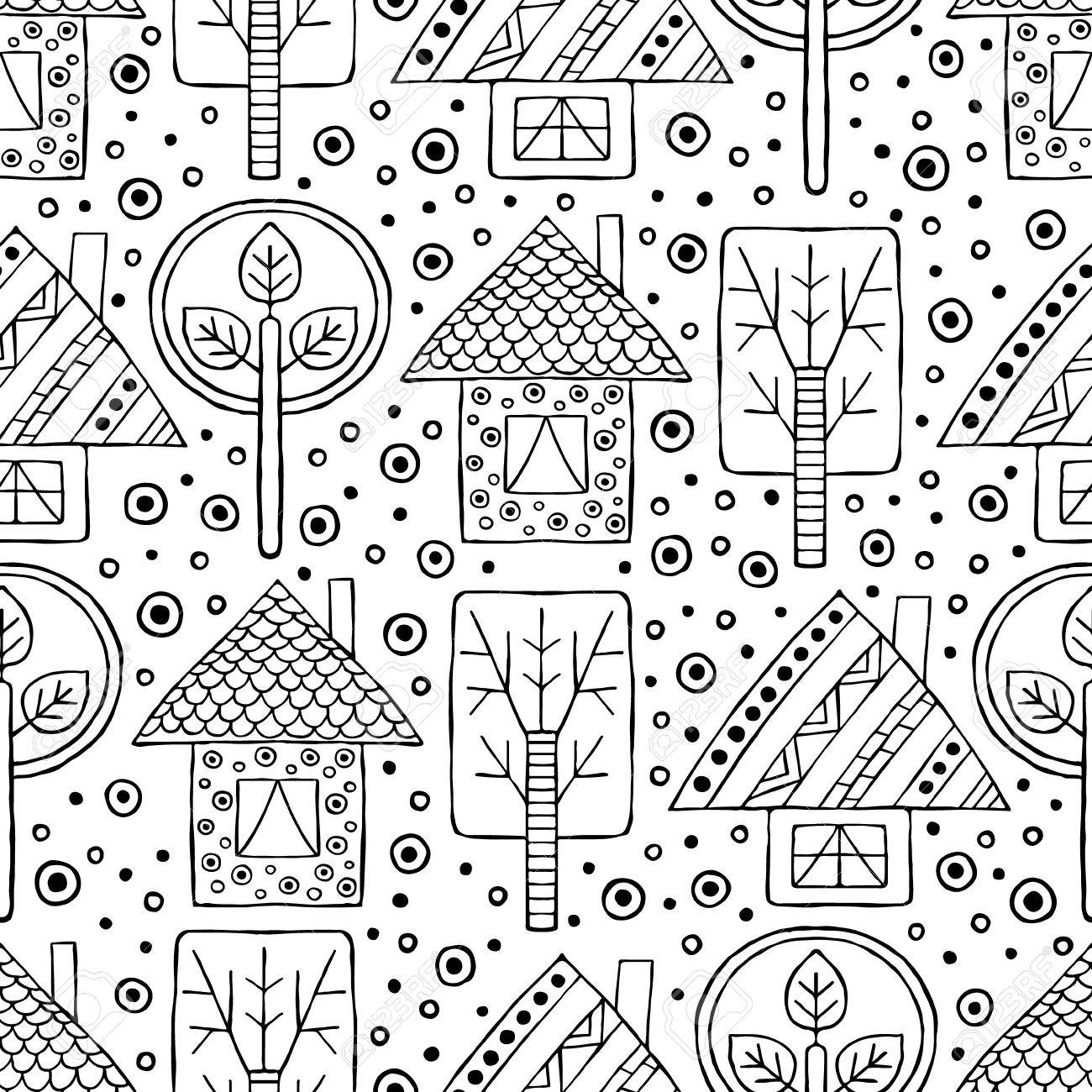 1300x1300 Vector Hand Drawn Seamless Pattern, Decorative Stylized Black