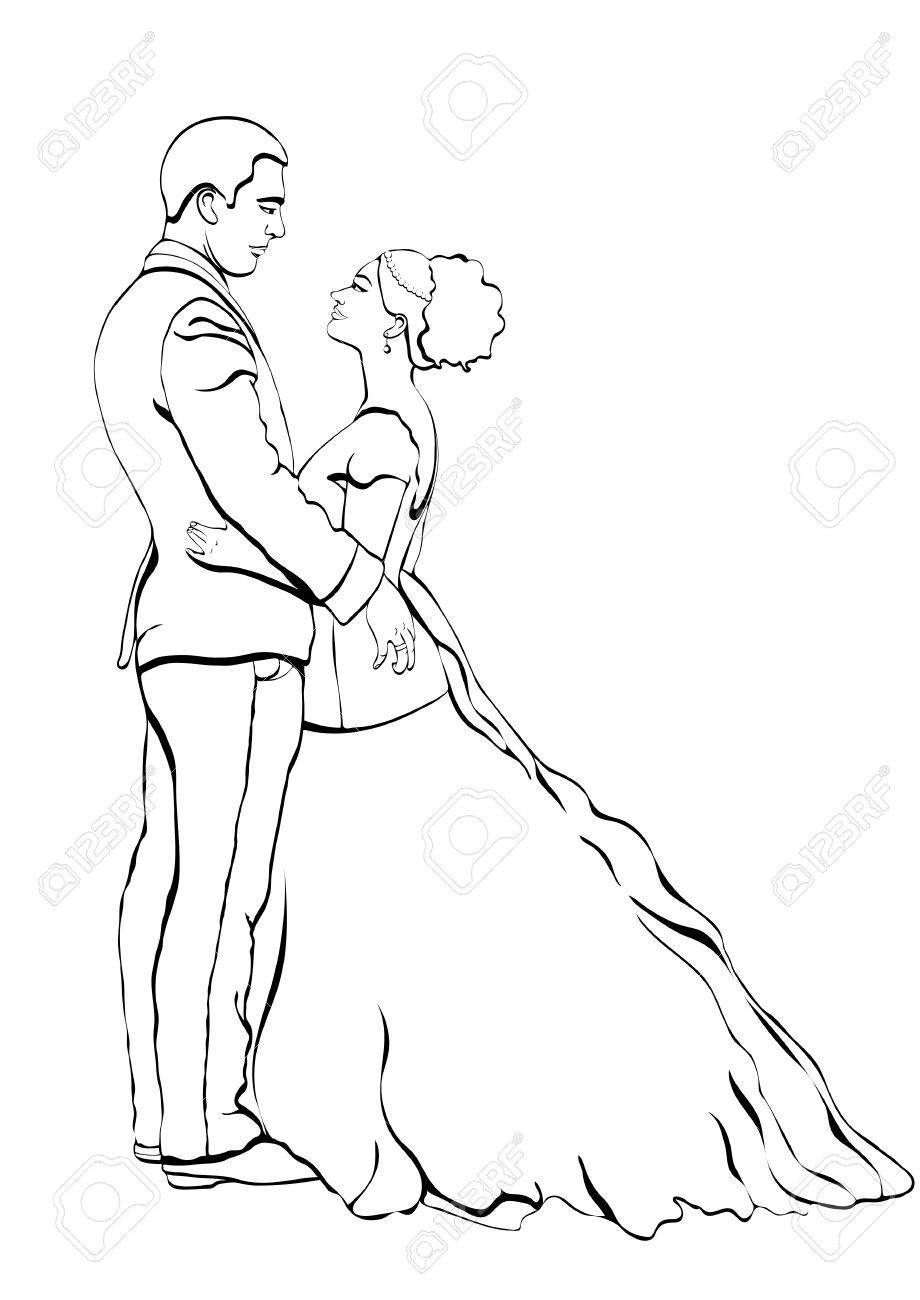920x1300 Bride And Groom Outline Cartoon, Vector Contour Drawing, Coloring