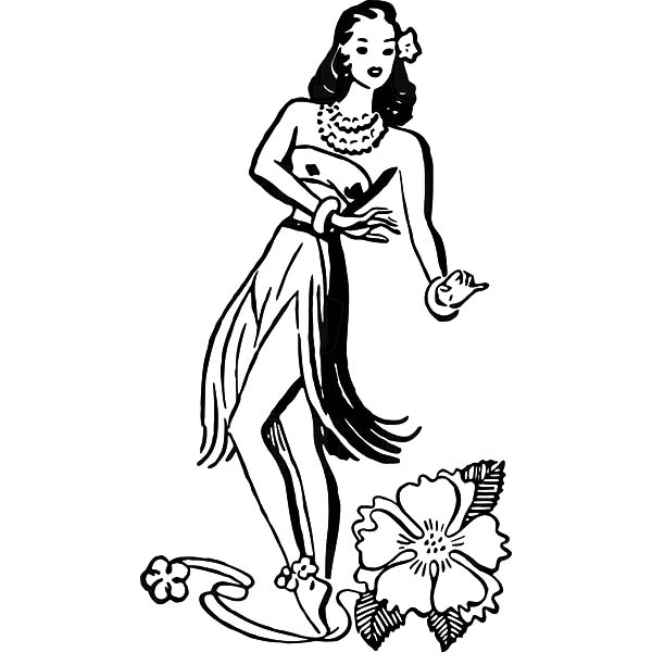 600x612 Hawaiian Hula Girl Dancer And A Hibiscus Flower Coloring Pages