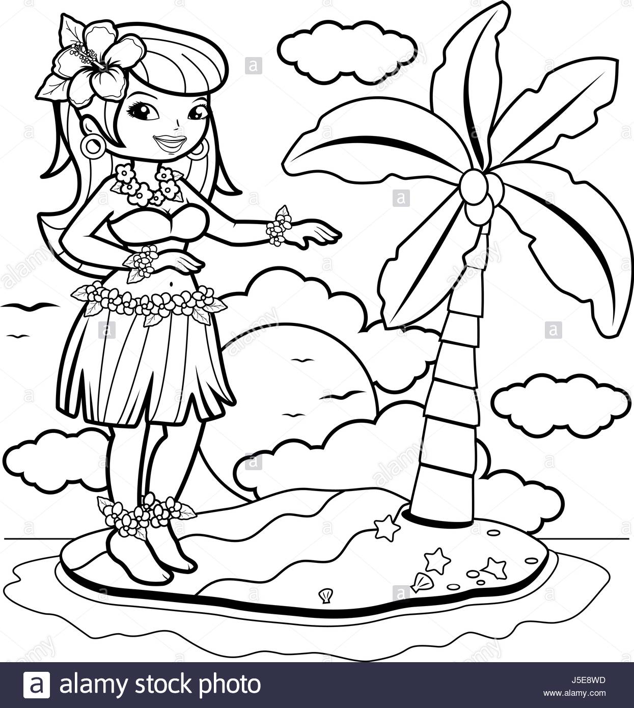 1245x1390 Hawaiian Woman Hula Dancer On An Island. Coloring Book Page Stock