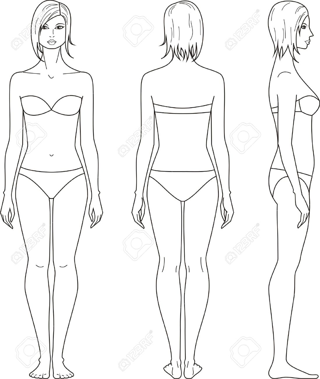 1098x1300 Illustration Of Women S Figure Front, Back, Side Views Royalty